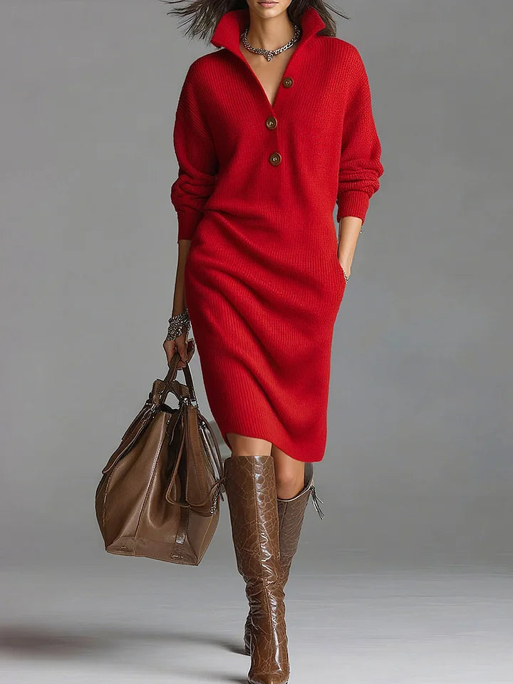 Fatima | Collared Ribbed-Knit Midi Sweater Dress for Fall