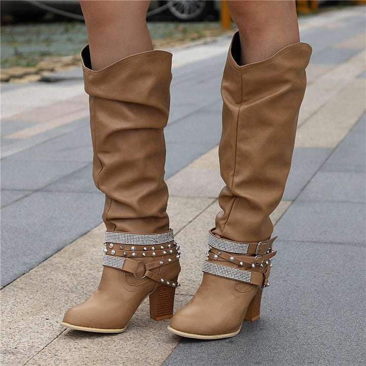 Pam | Rhinestone-Strap Block-Heel Slouch Boots