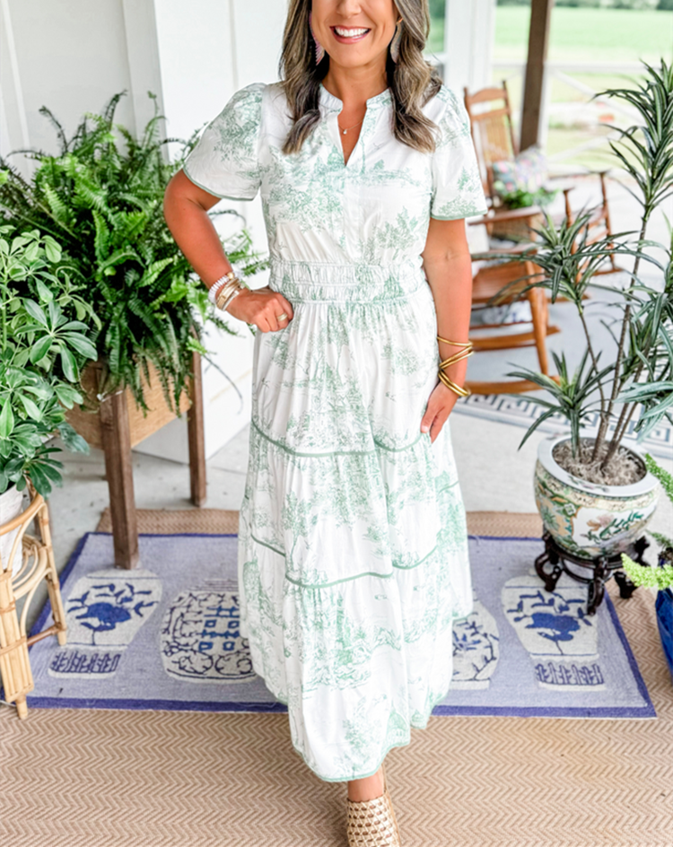 Camille | Toile-Print Smocked-Waist Tiered Maxi Dress for Spring
