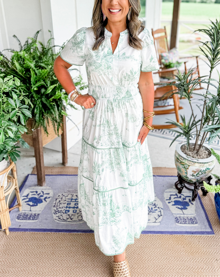 Camille | Toile-Print Smocked-Waist Tiered Maxi Dress for Spring