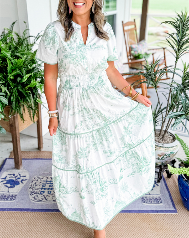 Camille | Toile-Print Smocked-Waist Tiered Maxi Dress for Spring