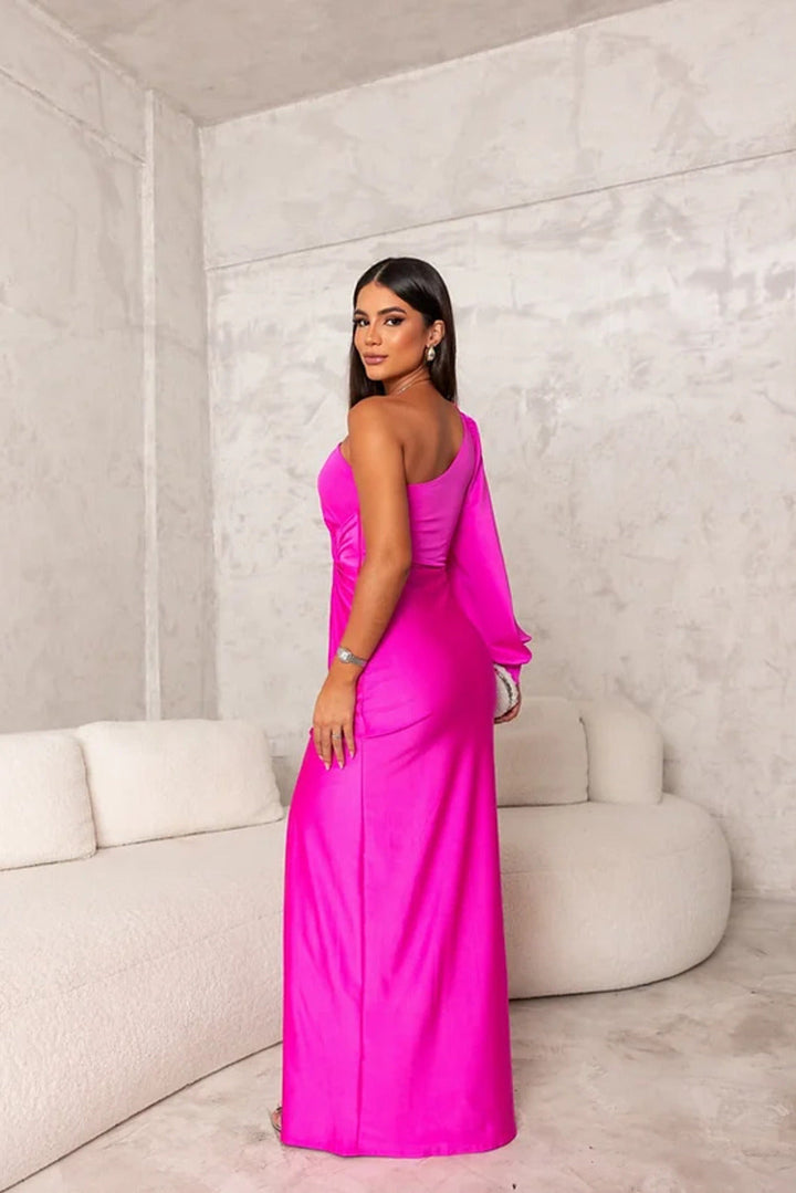 Helen | One-Shoulder Sheer-Sleeve Wedding Guest Dress for Fall