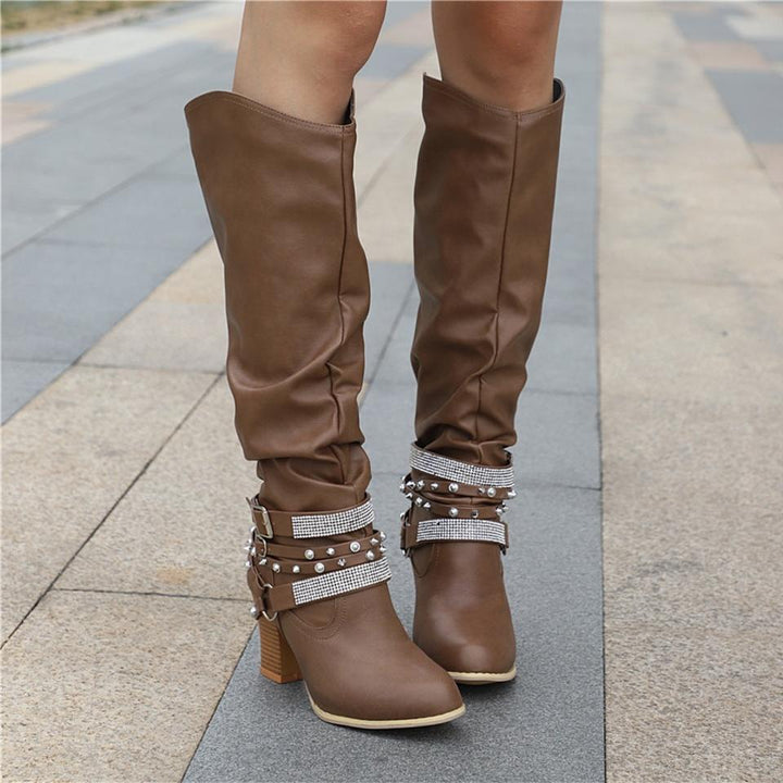 Pam | Rhinestone-Strap Block-Heel Slouch Boots