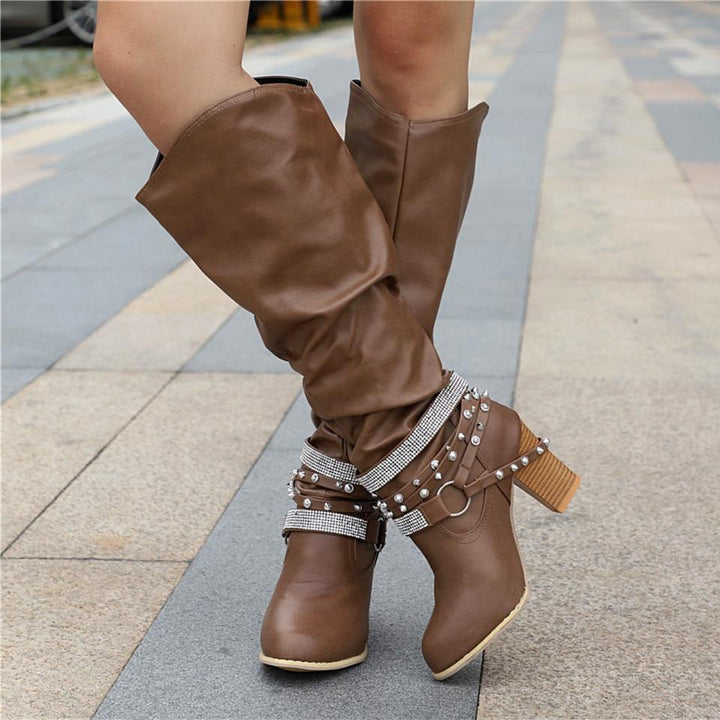 Pam | Rhinestone-Strap Block-Heel Slouch Boots