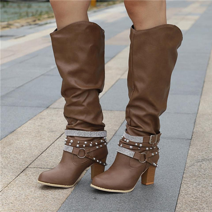 Pam | Rhinestone-Strap Block-Heel Slouch Boots
