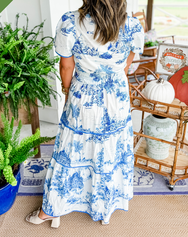 Camille | Toile-Print Smocked-Waist Tiered Maxi Dress for Spring