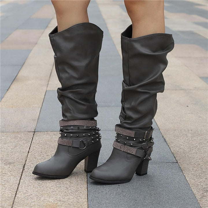 Pam | Rhinestone-Strap Block-Heel Slouch Boots