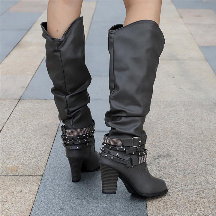 Pam | Rhinestone-Strap Block-Heel Slouch Boots