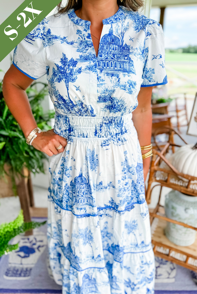 Camille | Toile-Print Smocked-Waist Tiered Maxi Dress for Spring