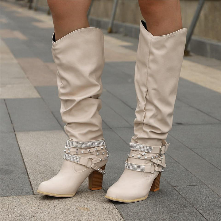 Pam | Rhinestone-Strap Block-Heel Slouch Boots