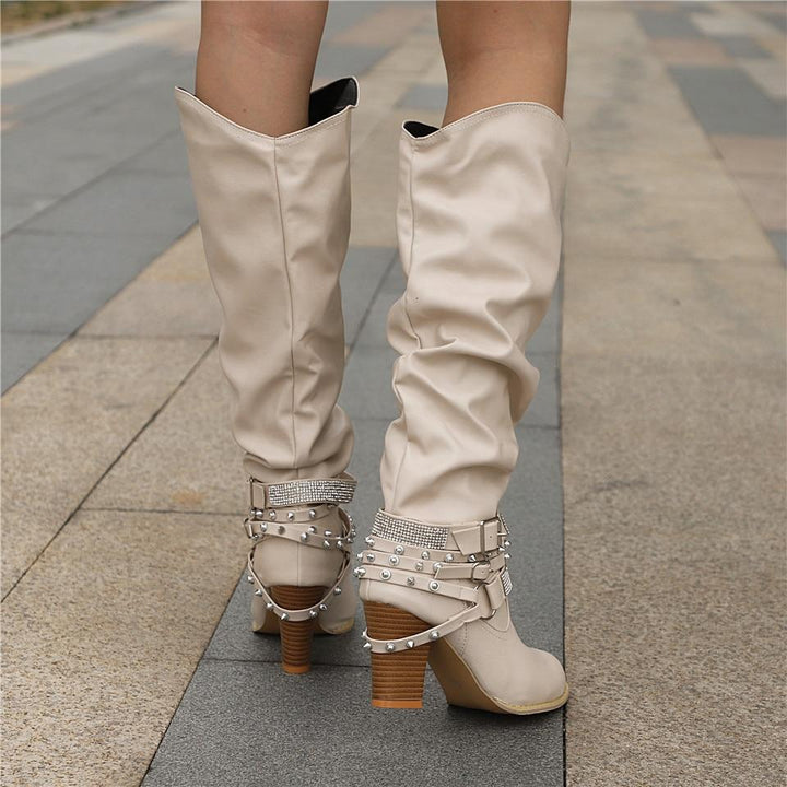 Pam | Rhinestone-Strap Block-Heel Slouch Boots