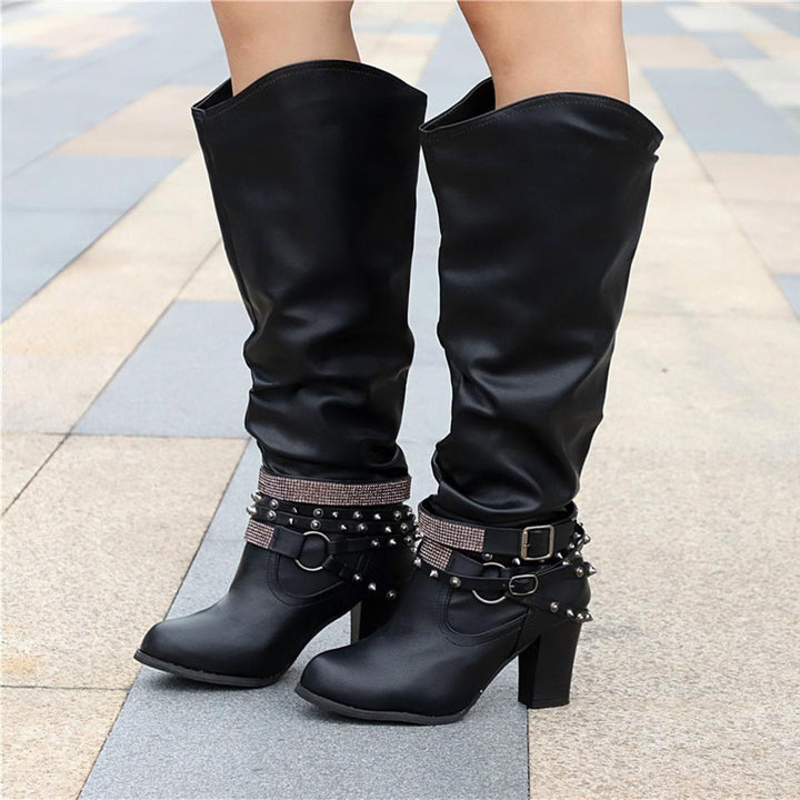 Pam | Rhinestone-Strap Block-Heel Slouch Boots