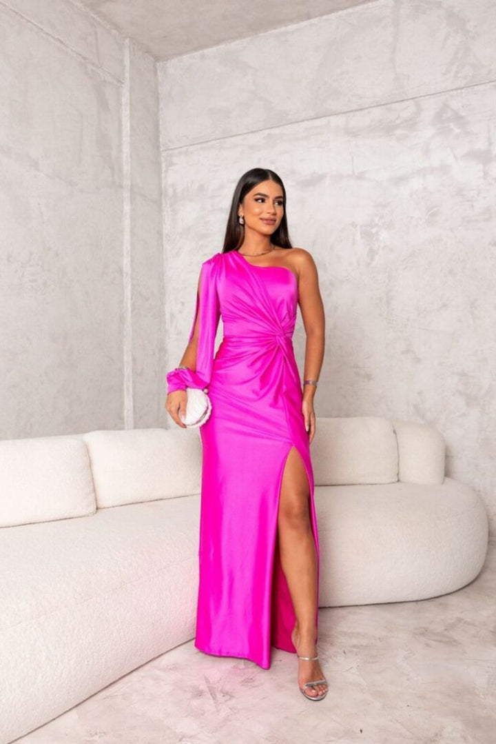 Helen | One-Shoulder Sheer-Sleeve Wedding Guest Dress for Fall