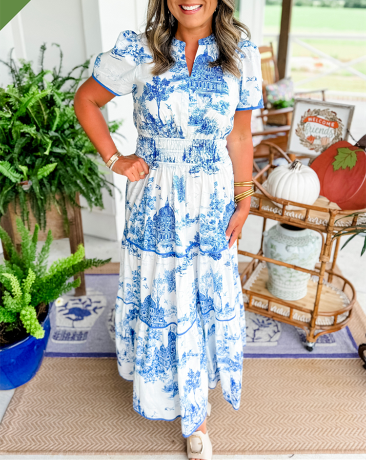 Camille | Toile-Print Smocked-Waist Tiered Maxi Dress for Spring