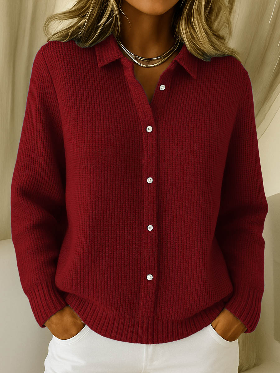 Nancy | Button-Front Ribbed-Trim Collared Sweater