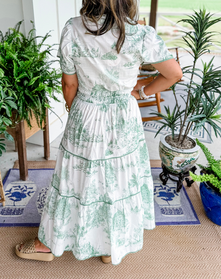 Camille | Toile-Print Smocked-Waist Tiered Maxi Dress for Spring