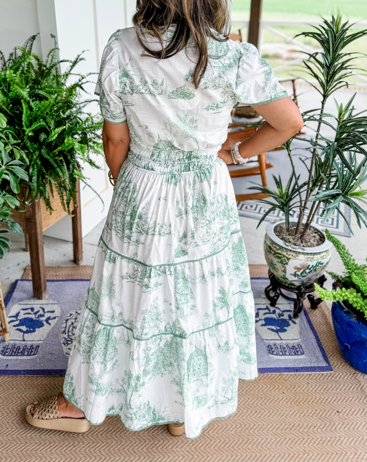 Camille | Toile-Print Smocked-Waist Tiered Maxi Dress for Spring