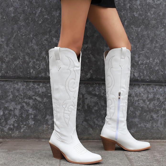 Melanie | Embroidered Pointed-Toe Knee-High Cowboy Boots