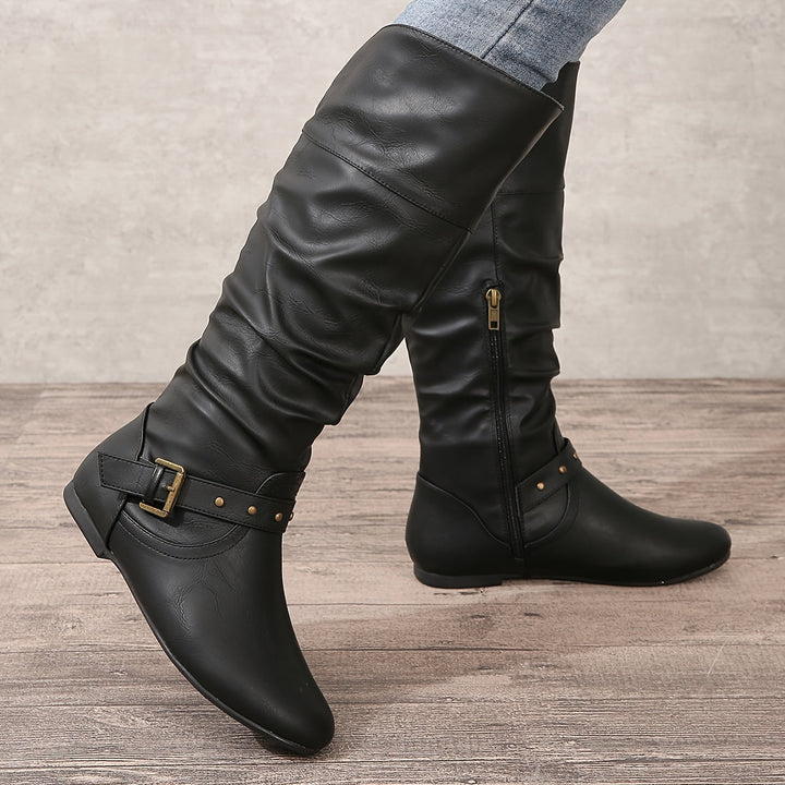 Danica | Ruched Studded-Buckle Knee-High Boots