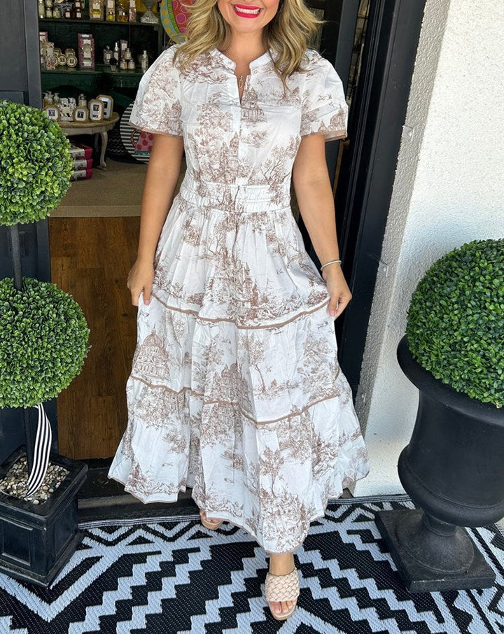 Camille | Toile-Print Smocked-Waist Tiered Maxi Dress for Spring