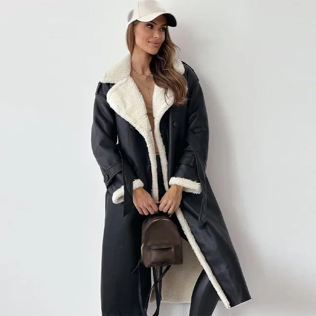 Leah | Sherpa-Lined Double-Breasted Long Trench Coat for Winter