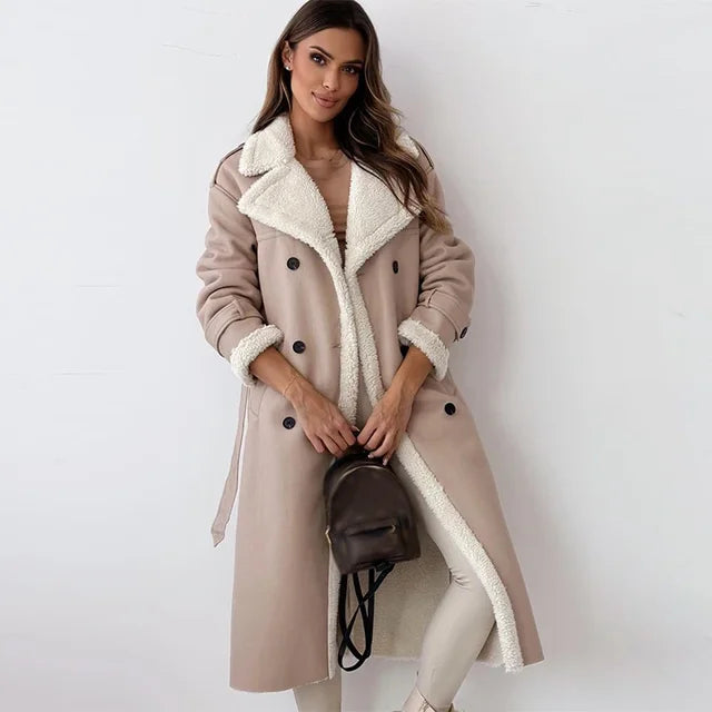 Leah | Sherpa-Lined Double-Breasted Long Trench Coat for Winter