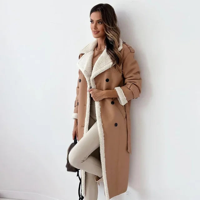 Leah | Sherpa-Lined Double-Breasted Long Trench Coat for Winter