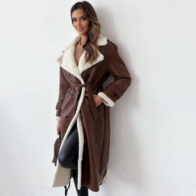 Leah | Sherpa-Lined Double-Breasted Long Trench Coat for Winter