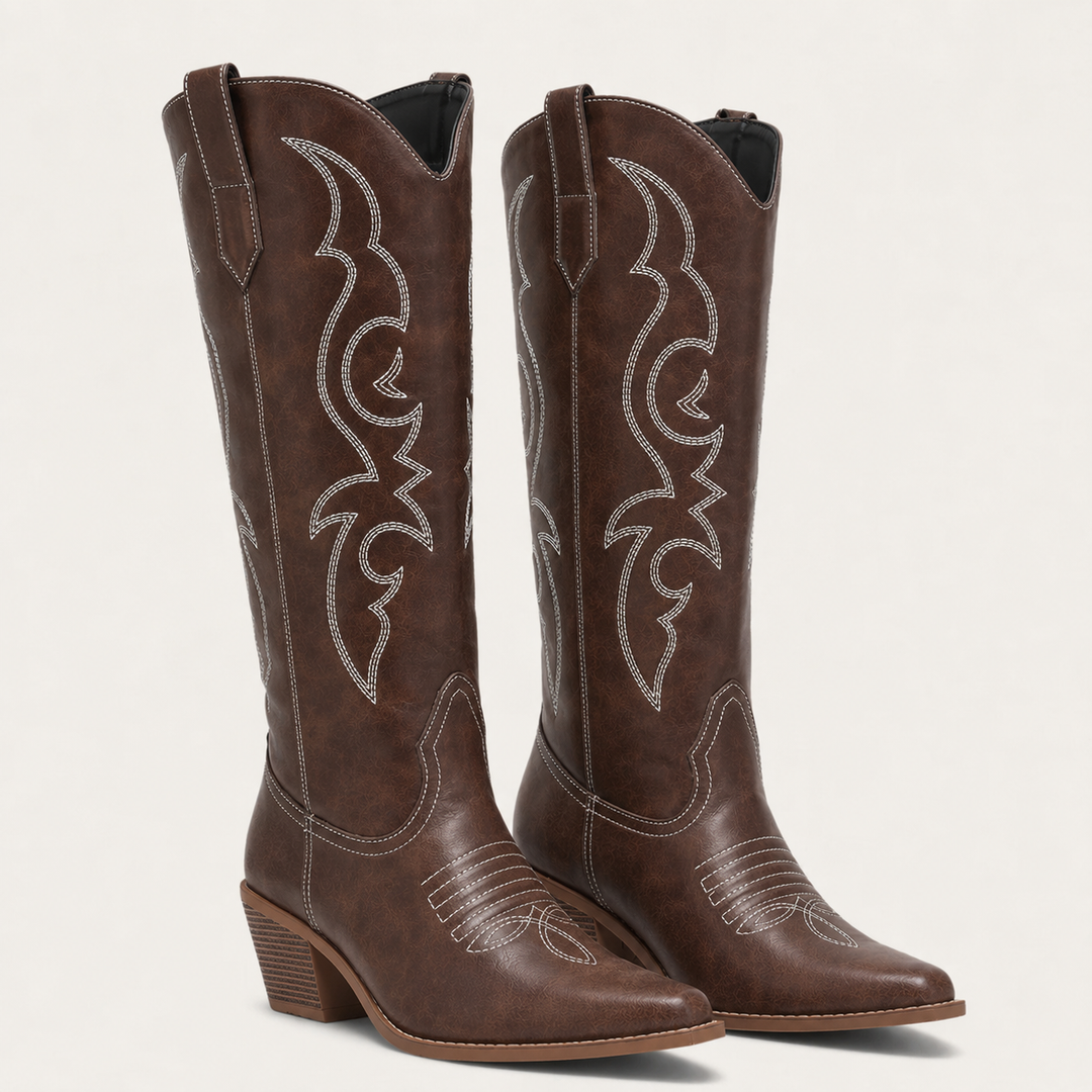 Melanie | Embroidered Pointed-Toe Knee-High Cowboy Boots