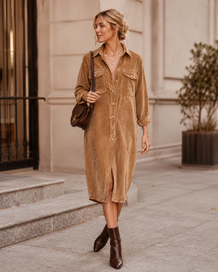 Elle | Button-Front Corduroy Midi Shirt Dress for Fall