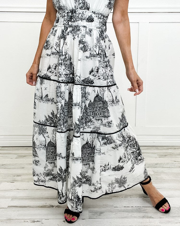 Camille | Toile-Print Smocked-Waist Tiered Maxi Dress for Spring