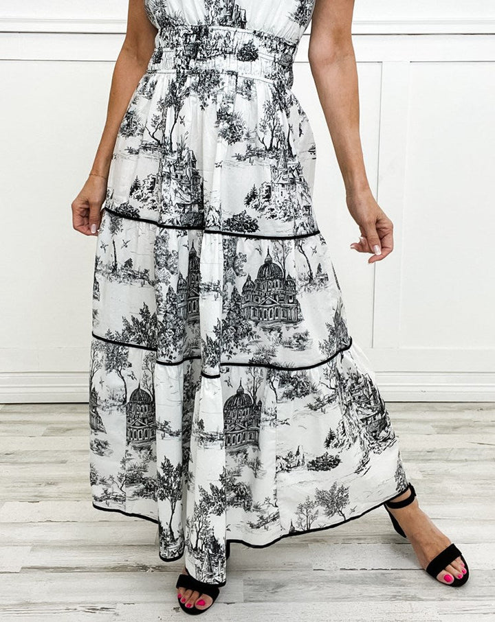 Camille | Toile-Print Smocked-Waist Tiered Maxi Dress for Spring