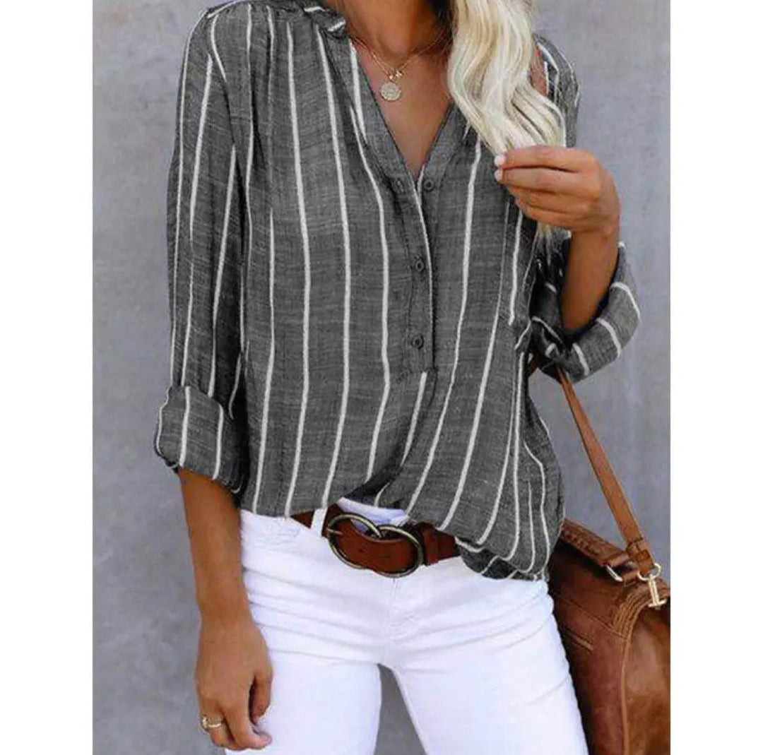 Candace | Roll-Tab Sleeve Relaxed Striped Blouse