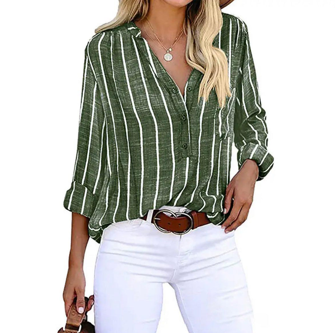 Candace | Roll-Tab Sleeve Relaxed Striped Blouse