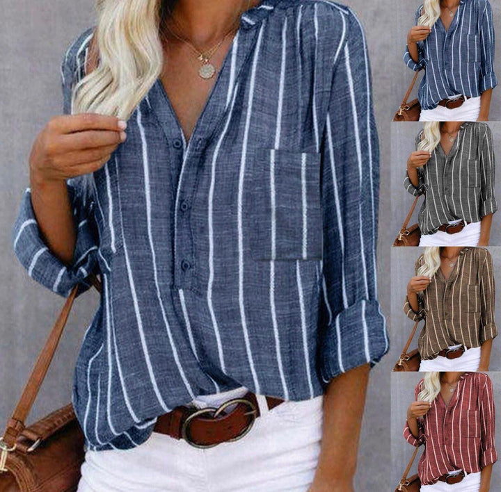 Candace | Roll-Tab Sleeve Relaxed Striped Blouse