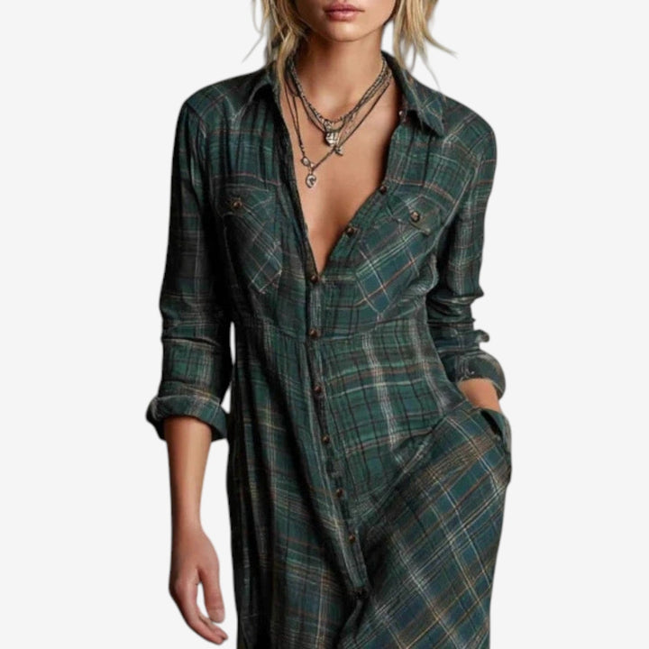 Emma | Plaid Snap-Button Maxi Shirt Dress for Fall