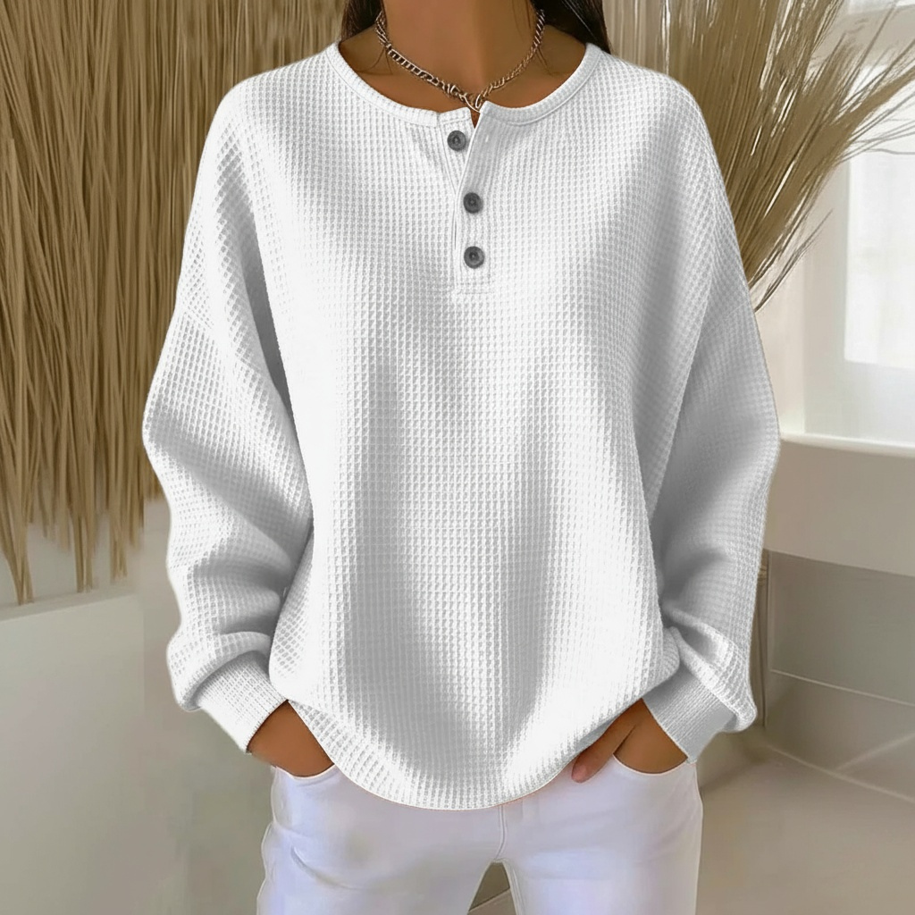 Joyce | Waffle-Knit Drop-Shoulder Button-Neck Sweatshirt