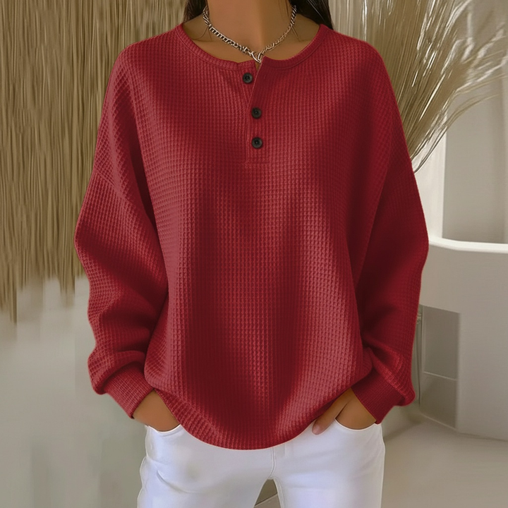 Joyce | Waffle-Knit Drop-Shoulder Button-Neck Sweatshirt