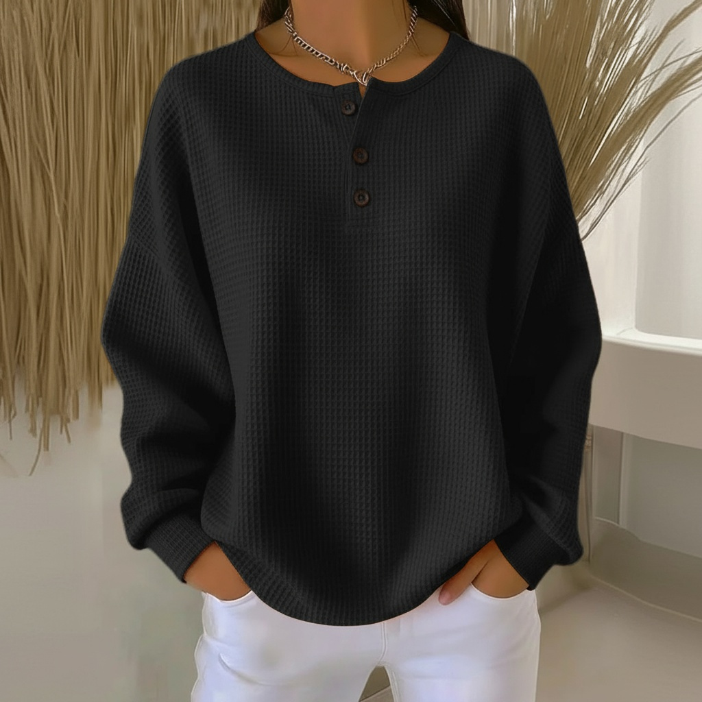 Joyce | Waffle-Knit Drop-Shoulder Button-Neck Sweatshirt
