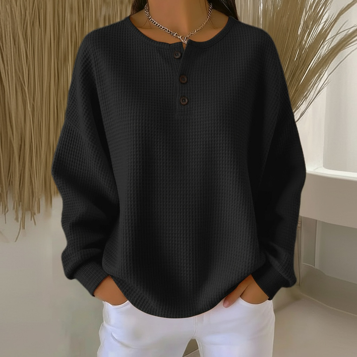 Joyce | Waffle-Knit Drop-Shoulder Button-Neck Sweatshirt