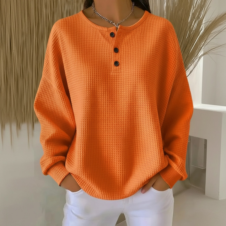 Joyce | Waffle-Knit Drop-Shoulder Button-Neck Sweatshirt