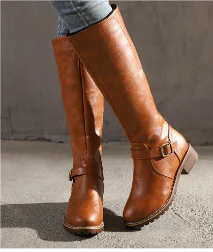 Farrah | Buckle-Strap Stacked-Heel Knee-High Boots for Fall