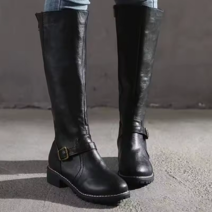 Farrah | Buckle-Strap Stacked-Heel Knee-High Boots for Fall