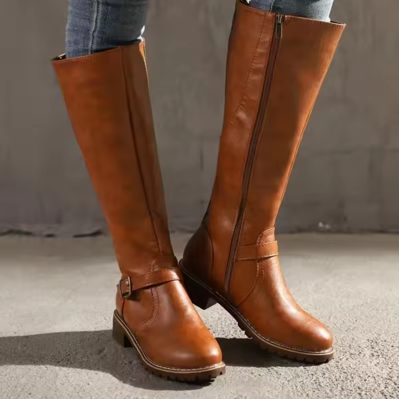 Farrah | Buckle-Strap Stacked-Heel Knee-High Boots for Fall