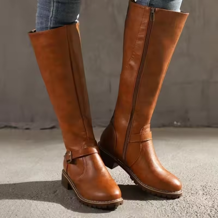 Farrah | Buckle-Strap Stacked-Heel Knee-High Boots for Fall