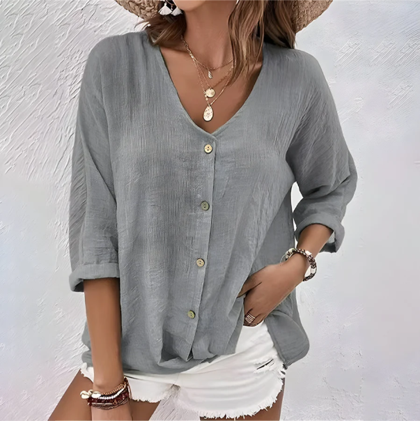 Marcia | V-Neck Roll-Sleeve Button-Front Blouse for Summer
