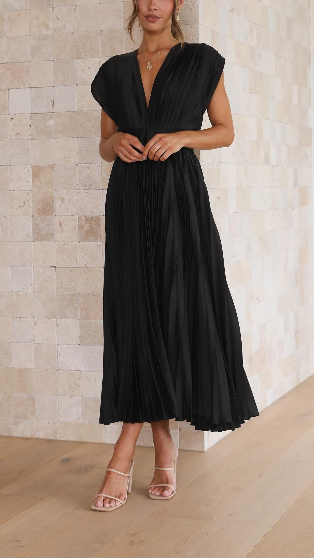 Maria | Draped V-Neck Pleated Maxi Wedding Guest Dress