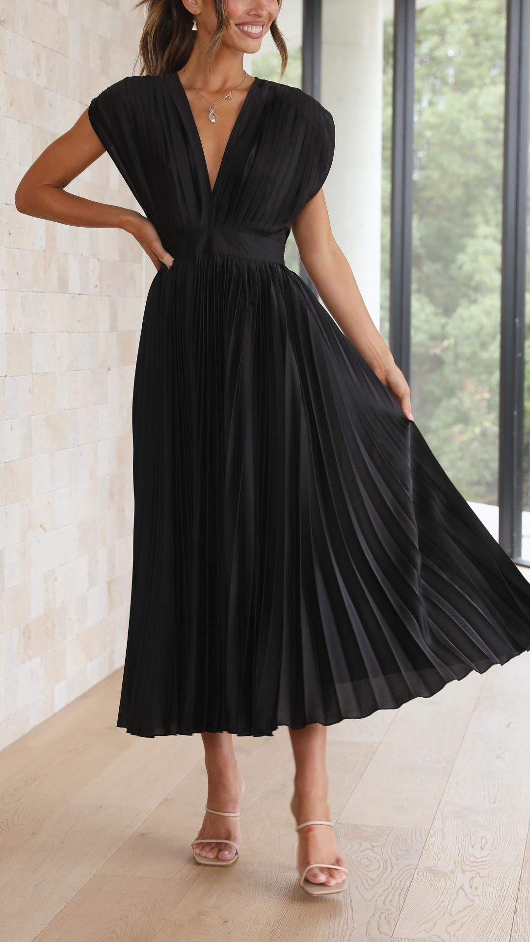 Maria | Draped V-Neck Pleated Maxi Wedding Guest Dress