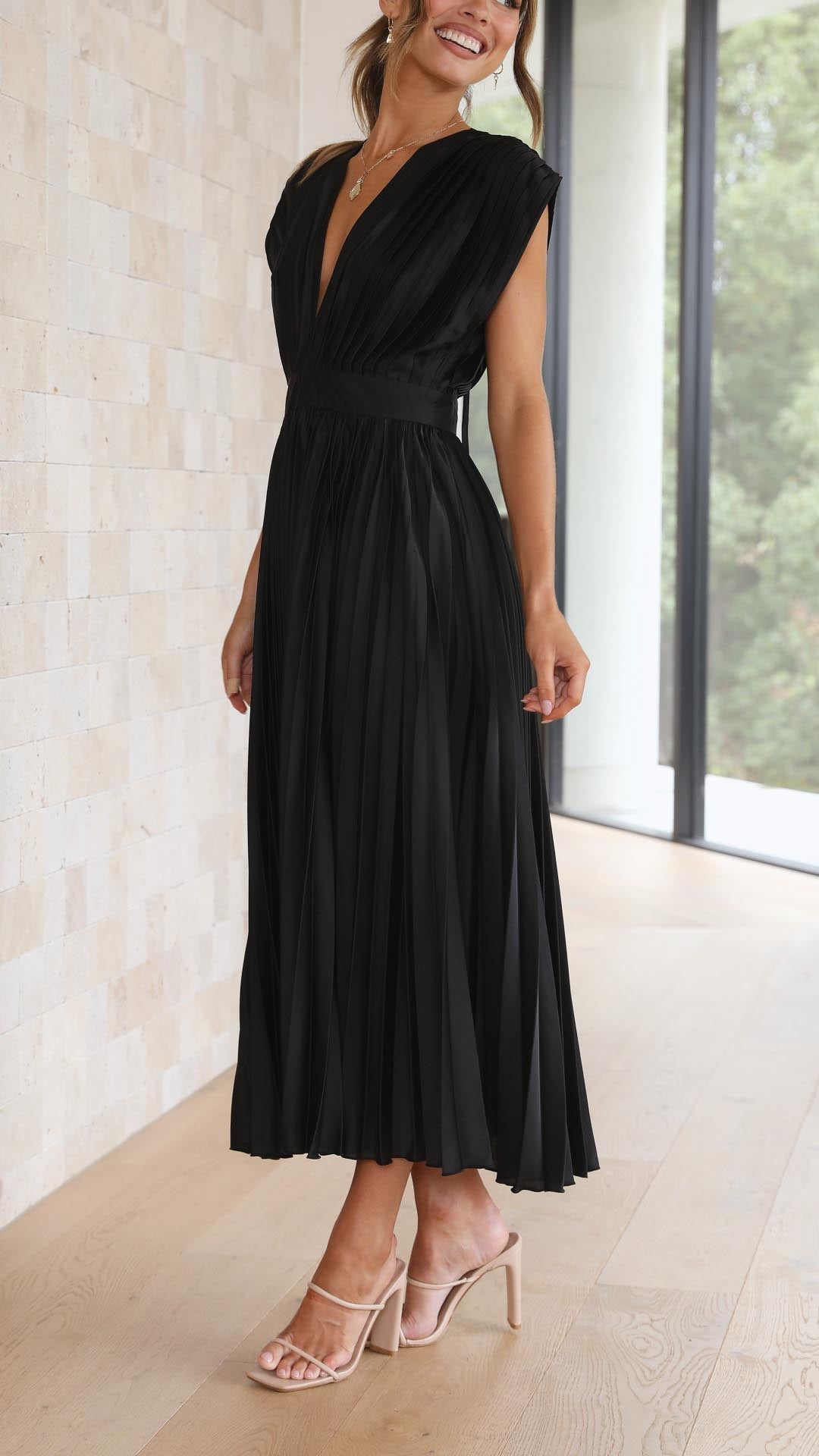 Maria | Draped V-Neck Pleated Maxi Wedding Guest Dress