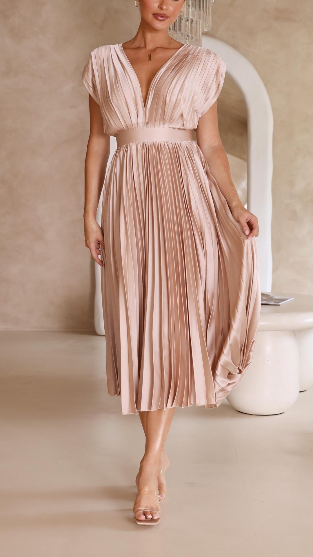 Maria | Draped V-Neck Pleated Maxi Wedding Guest Dress
